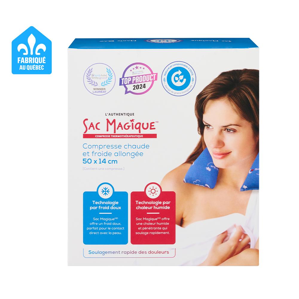 Magic Bag Extended Hot & Cold Compress packaging with model demonstrating use for pain relief.