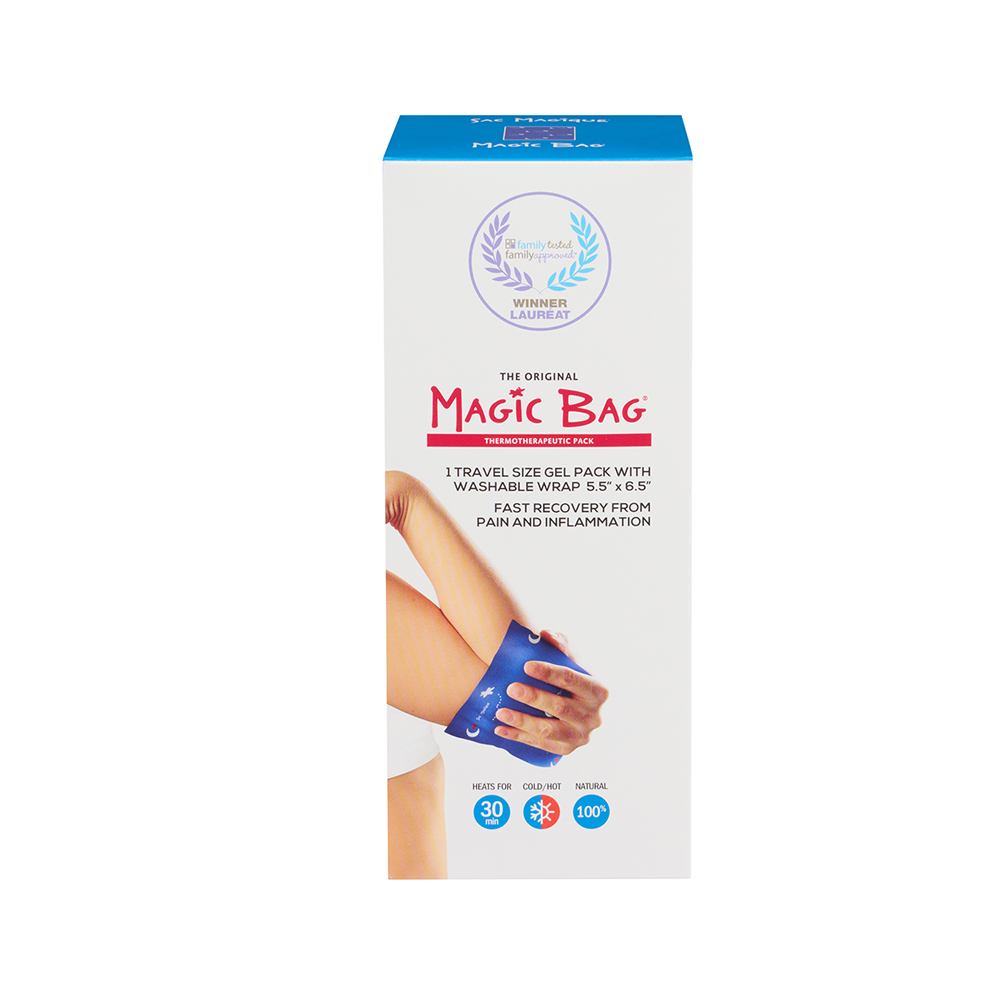 Magic Bag Gel Pack Hot & Cold Compress - Travel Size packaging with image application on arm.