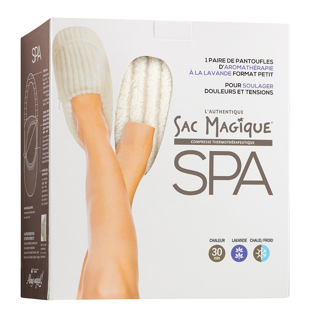 Magic Bag SPA Lavender Aromatherapy Heatable Slippers packaging with lavender-infused inserts for warmth and comfort.