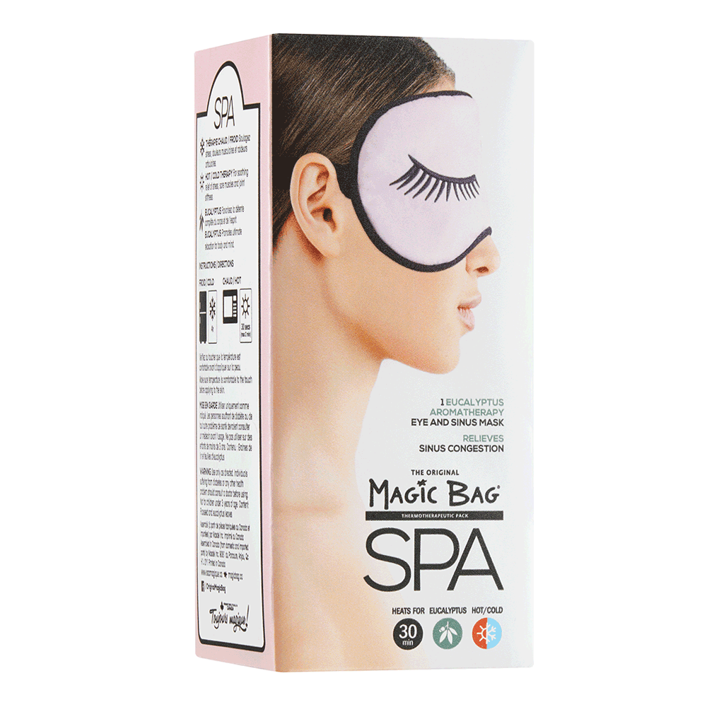 Magic Bag SPA Eucalyptus Aromatherapy Eye Mask packaging with model wearing mask