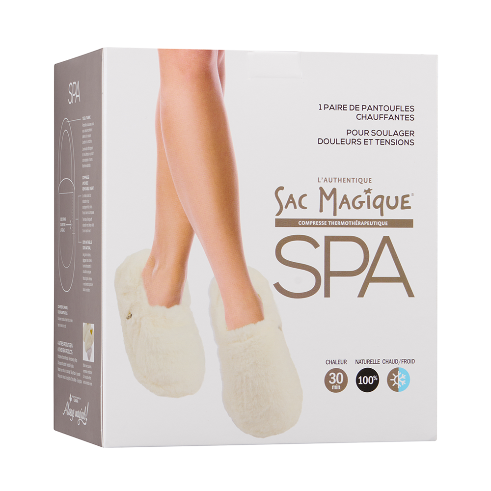 Magic Bag SPA Ivory Plush Heatable Slippers packaging with cozy design.