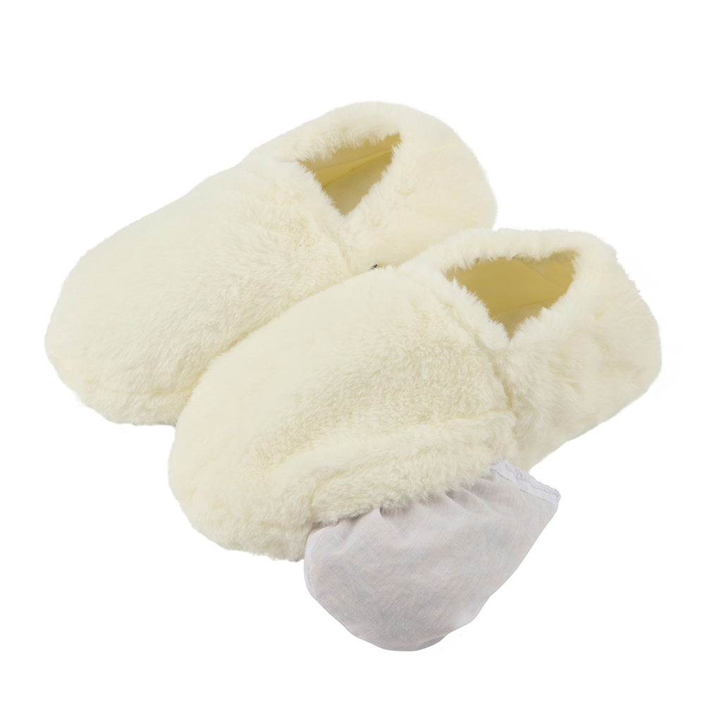 Magic Bag SPA Ivory Plush Heatable Slippers with removable insert, organic grain-filled, machine washable.