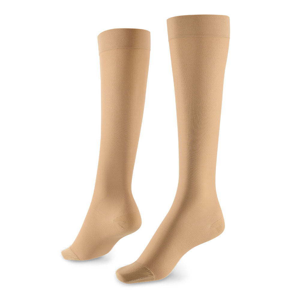 Supporo Sheer Knee-high Compression Socks 20-25 mmHg in beige, elegant and supportive for circulation and swelling relief.