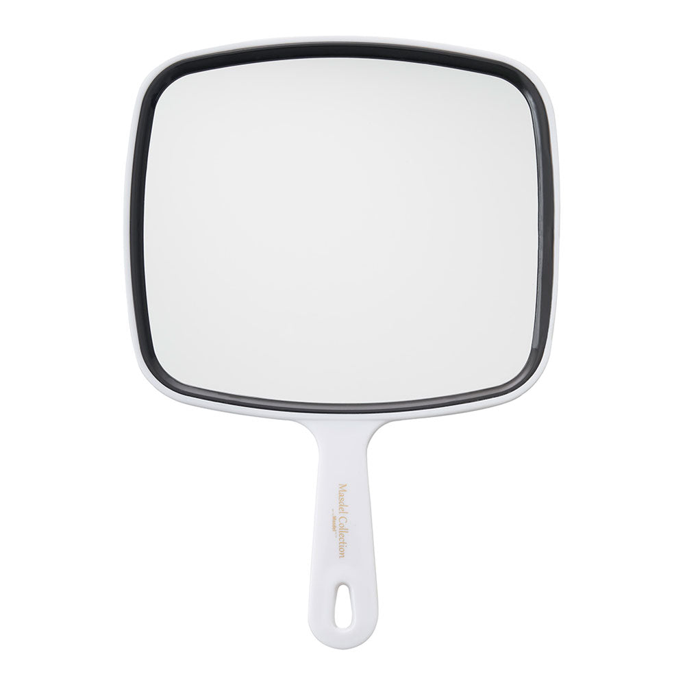 A simple Vie Art rectangular white mirror with a handle 