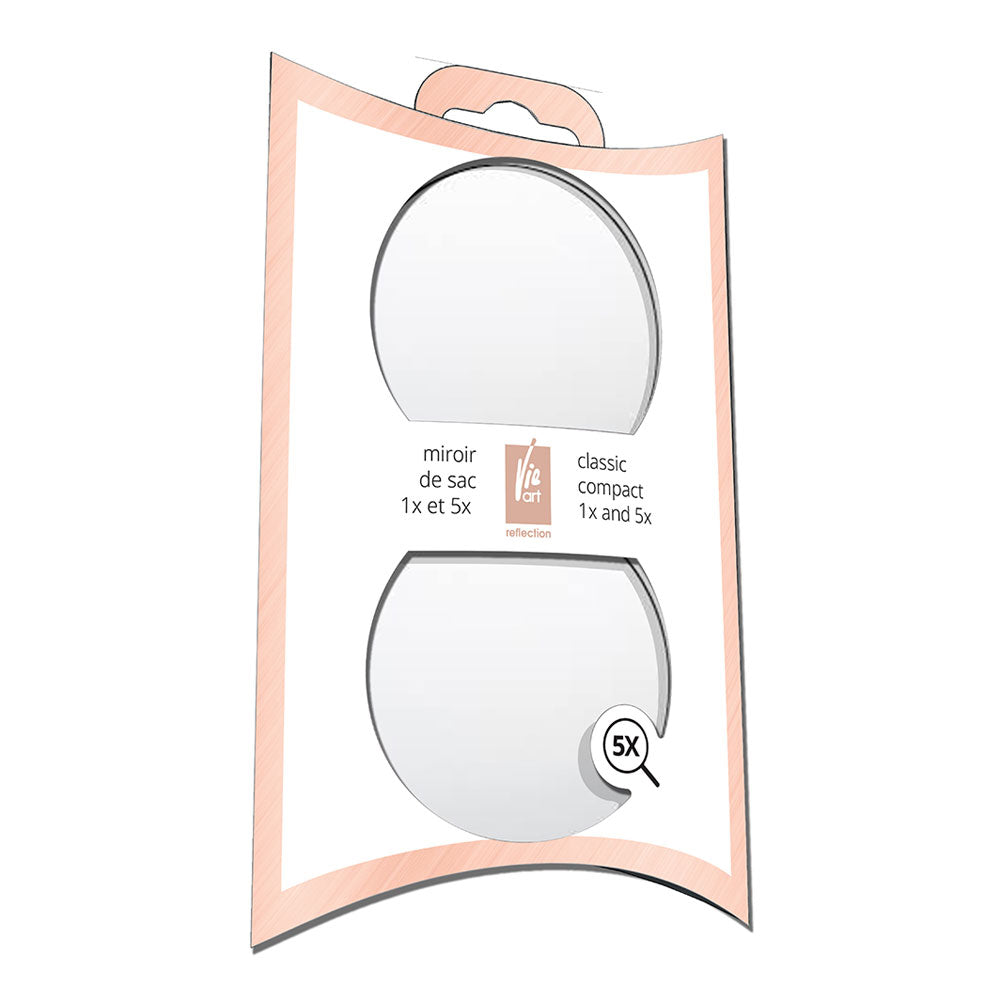 A compact purse-size Vie Art round mirror with 2 levels of magnification