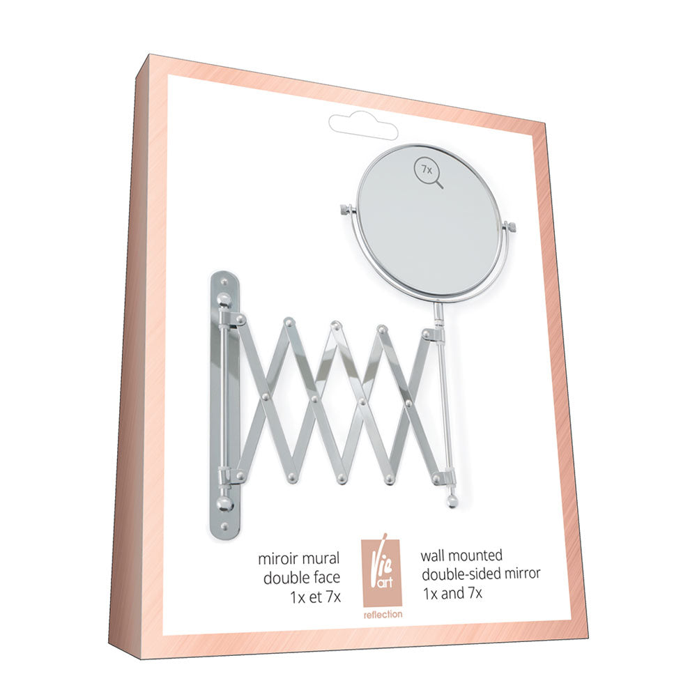 A wall-mounted and extendable Vie Art round mirror with 2 levels of magnification